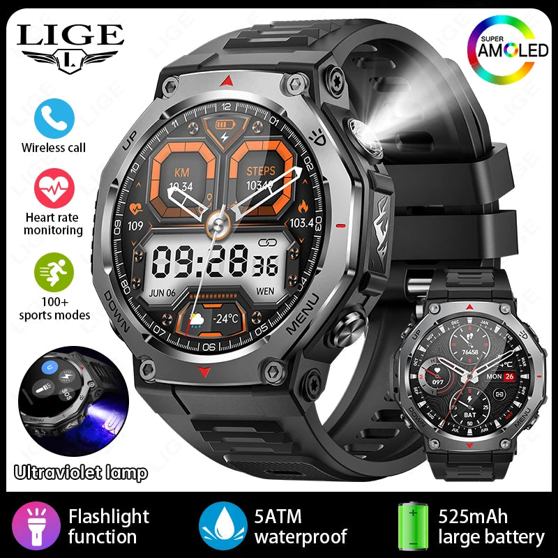 LIGE New 1.43 inch AMOLED Screen Smart Watch 525mAh Big Battery BT Call IPX8-5ATM Waterproof Sports Smartwatch For Android ios