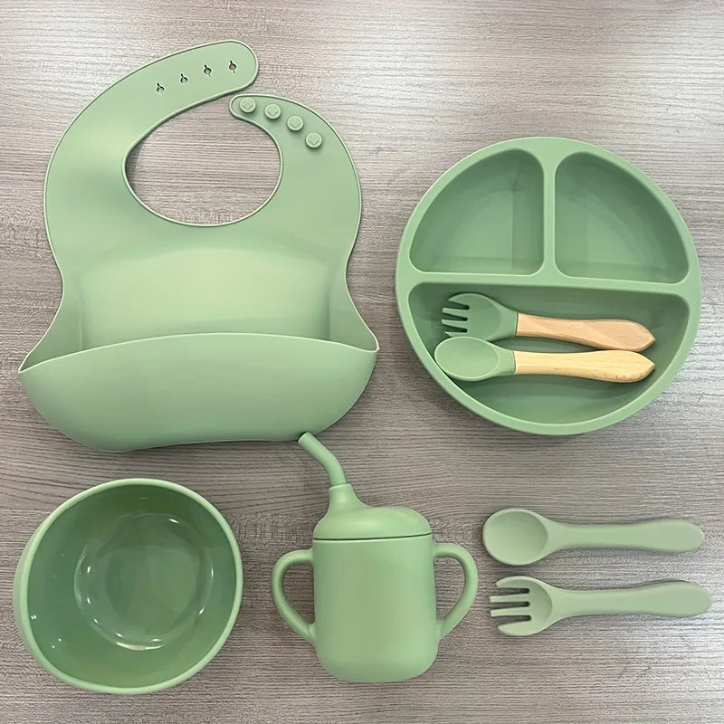Silicone Baby Feeding Set Microwave Oven Safe for 0-3 Years Includes Suction Plate Soft Bowl Spoons Forks Bib Snack Cup