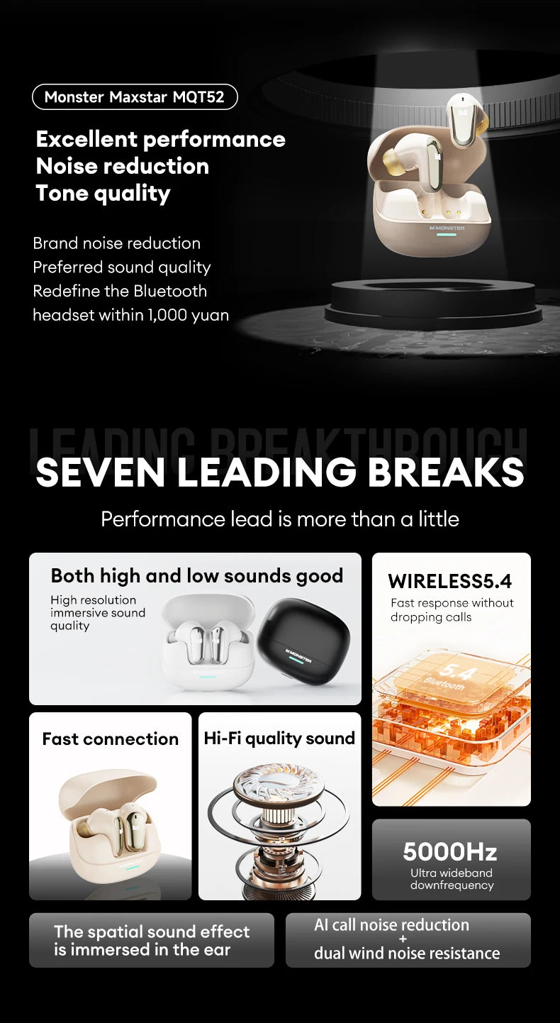 Monster MQT52 Wireless Bluetooth 5.4 Earphones Long Battery Life Gaming Headphones Dual Mode HIFI Stereo Sound Headset With Mic