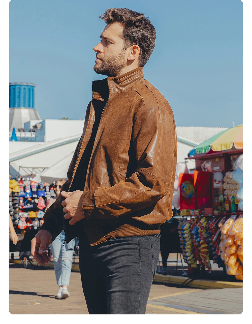 Men’s Pigskin Leather Bomber Jacket – Casual Stand Collar Leather Coat