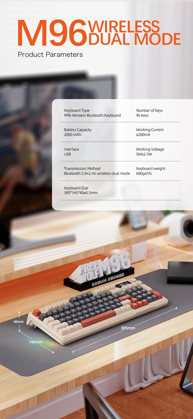 M96 Screen Wireless Keyboard Mouse Kit with Media Knob,ZIYOULANG Bluetooth Keyboard Mouse Combos,Multi-Device Connection,PBT Cap