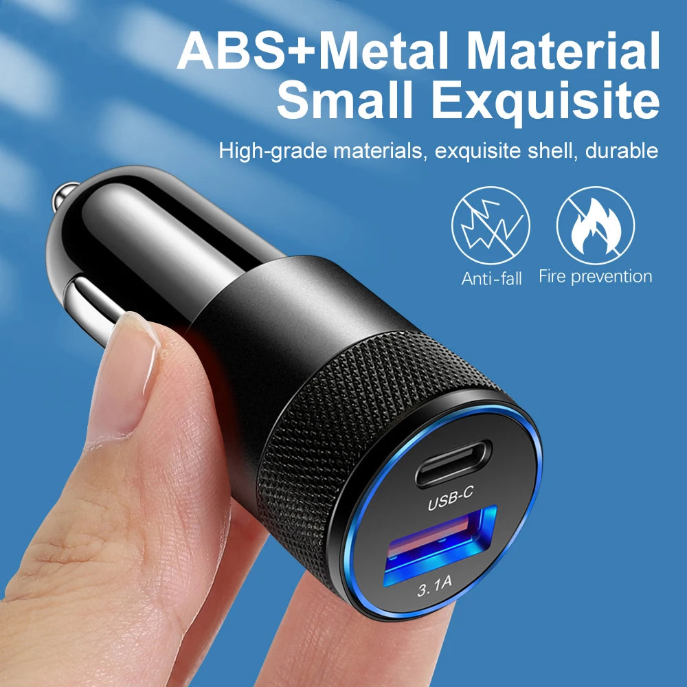 3.1A Dual USB Car Charger QC3.0 Fast Charging PD Phone Charger Auto Cigarette Lighter Adapter 12-24V For iPhone Xiaomi Huawei