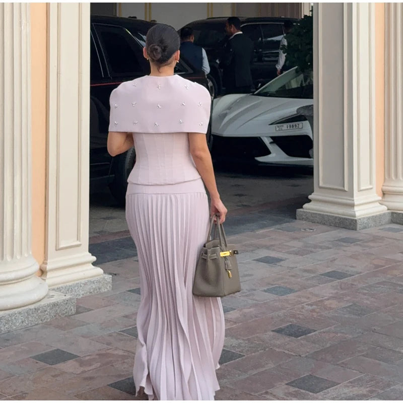 Elegant Shawl Pleated Diamonds Maxi Dress – Women’s Sleeveless High Waist Patchwork Evening Dress