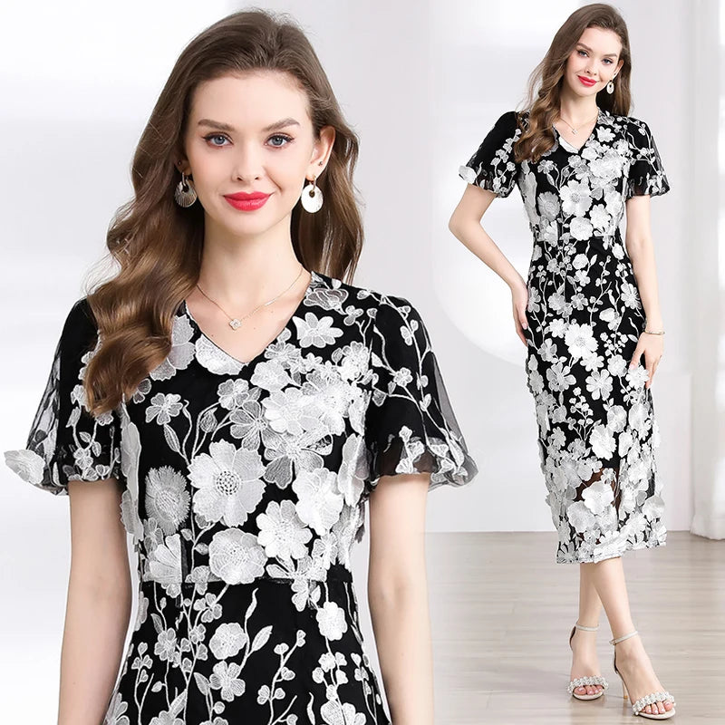 Summer High-end Embroidery Lace Prom Dress Women French Luxury 3D Flower Short Sleeve Long Dress Party Bodycon Holiday Vestido