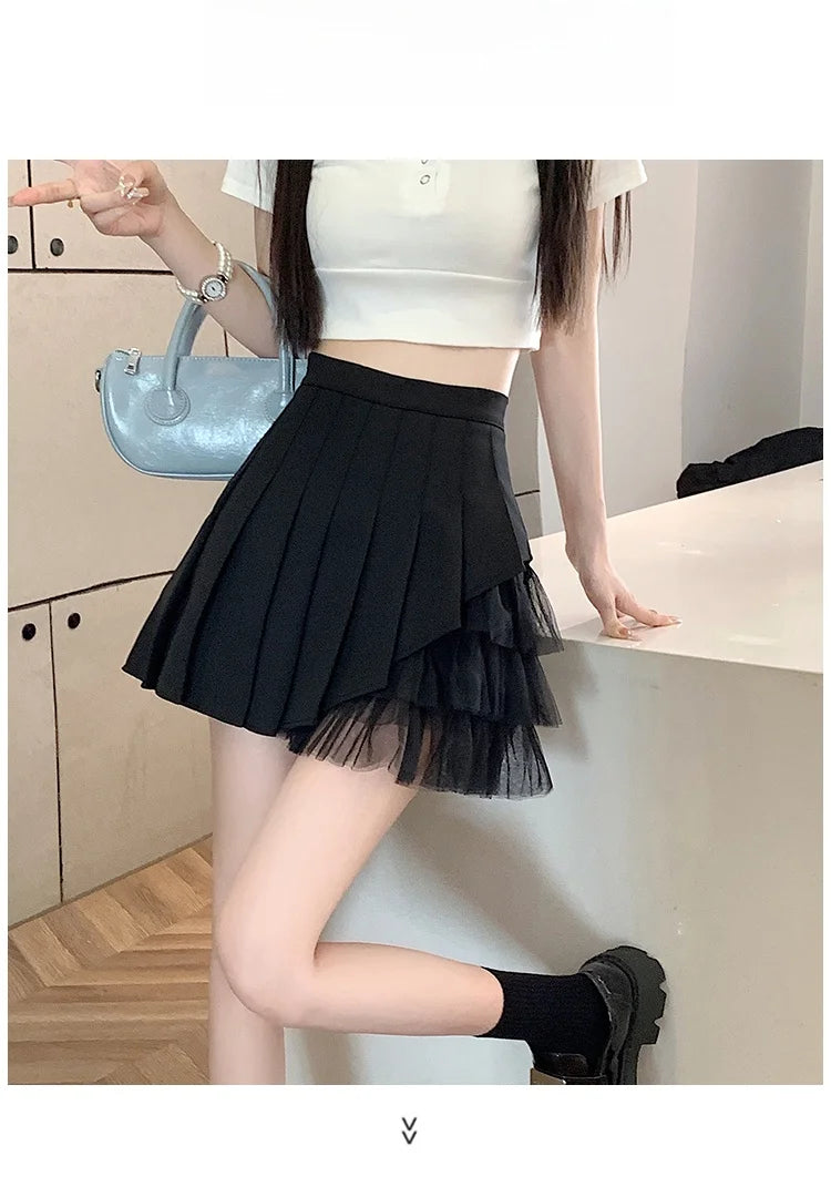 Slimming A-Line Skirt for ort Women High Waist Pleated Commuter Sle Net Gauze f Body Skirts Fem Faion