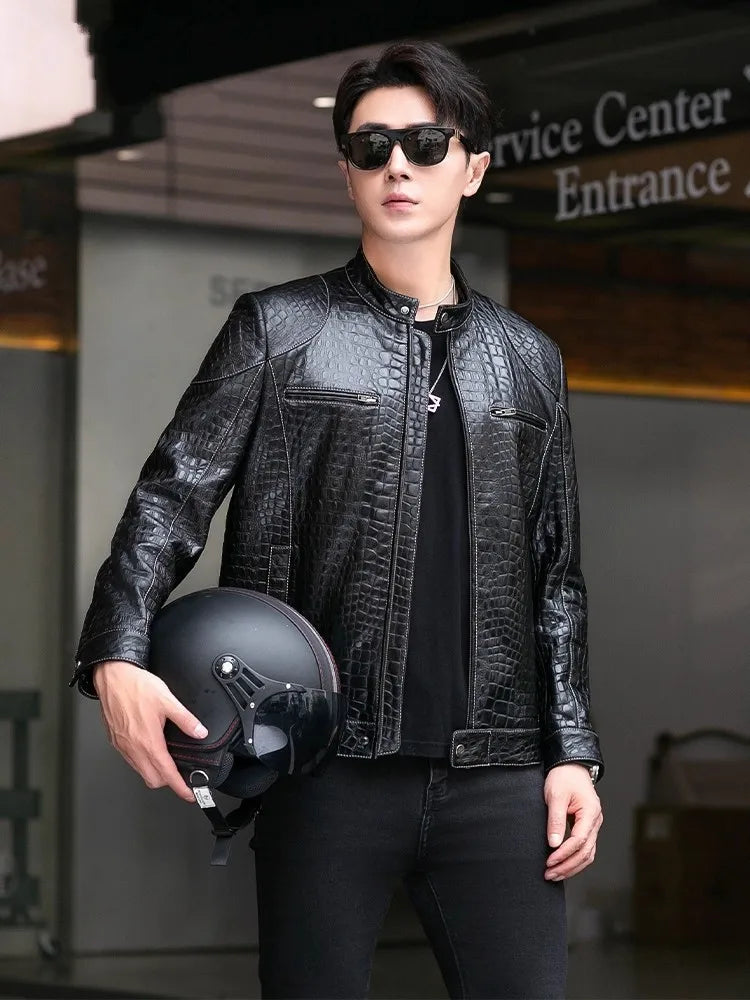 Males Luxury Natural Sheepskin Crocodile Pattern Jacket Stand Collar Slim Fit Straight Autumn Genuine Leather Motorcycle Jackets