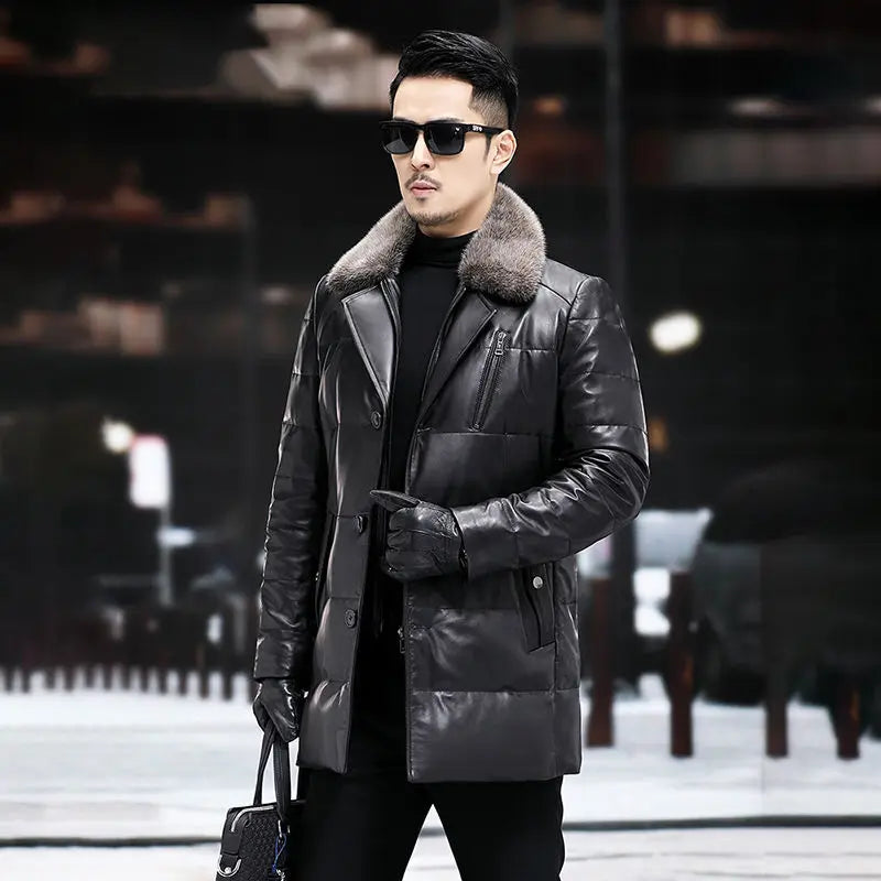 Men's Leather Jacket, Mid-Length, Lapel, Single Breasted Down Jacket, Mink Collar, Sheepkin, Thick Coat, Autumn and Winter