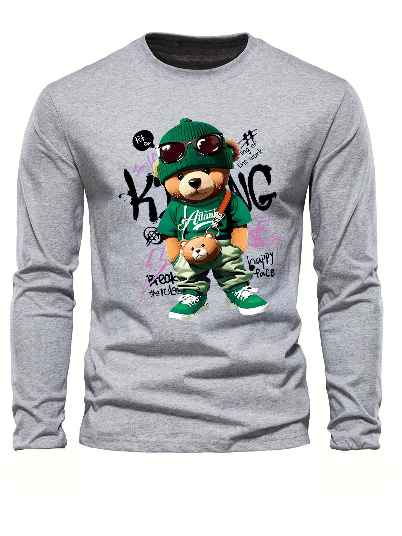 Men's 100% pure cotton loose and comfortable sports casual fashion cartoon bear print round neck long sleeved T-shirt top