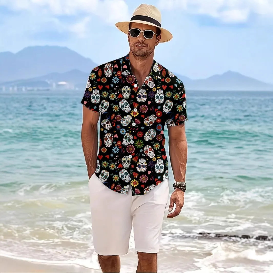 American casual full-print shirt men's Hawaii beach travel vacation short-sleeved shirt handsome casual Japanese style