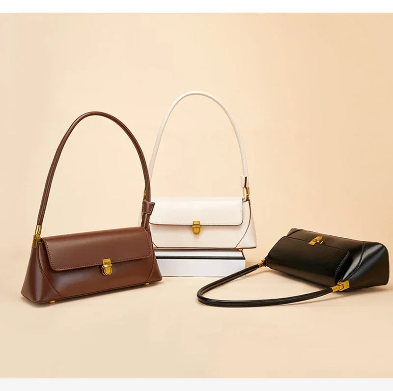 Women Genuine Leather Shoulder Bag – Soft Cowhide Baguette in Black, White, or Coffee