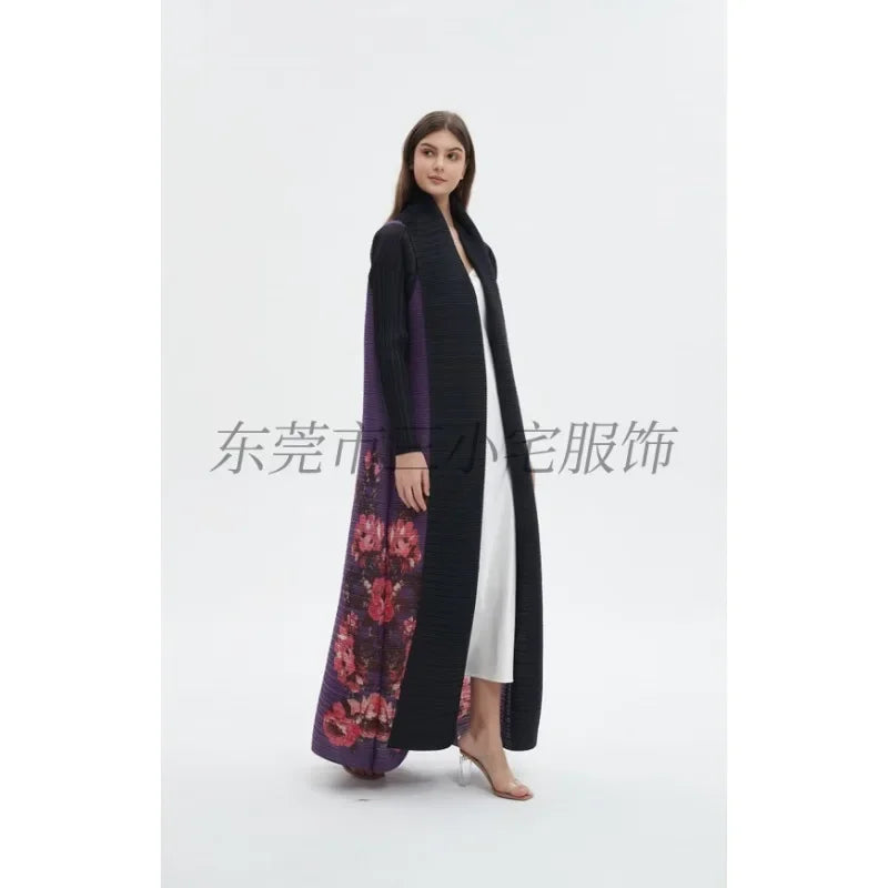 KAF Pleated Large Size Women Trench Coat 2024 Spring and Autumn New Vintage Printed Design Luxury Female Coat Arabian Abaya