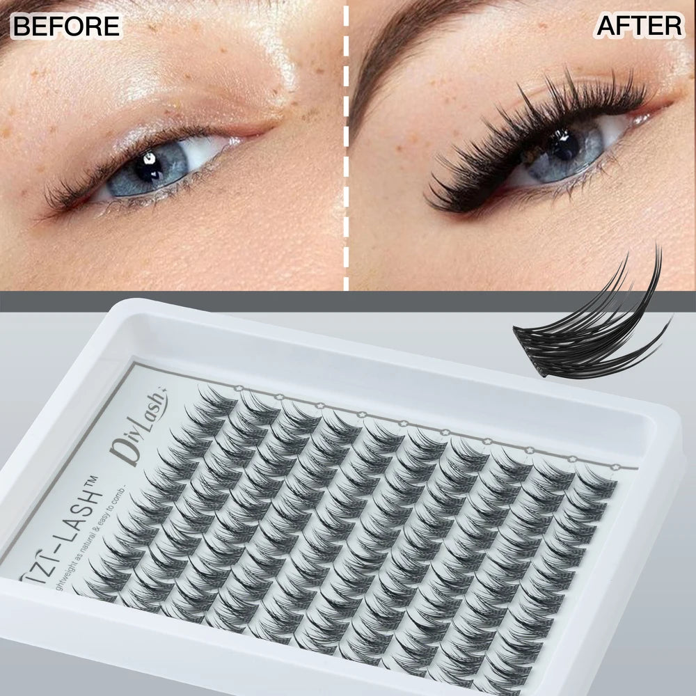 JIZI-LASH False Eyelashes Extensions Kit Lash Bond and Seal Lashes Remover Set 100Pcs DIY Long Clusters D Curved Make Up Tool