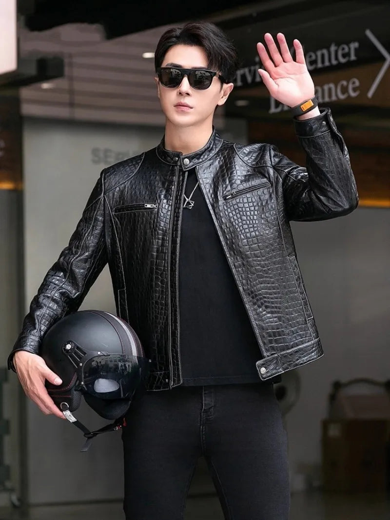 Males Luxury Natural Sheepskin Crocodile Pattern Jacket Stand Collar Slim Fit Straight Autumn Genuine Leather Motorcycle Jackets