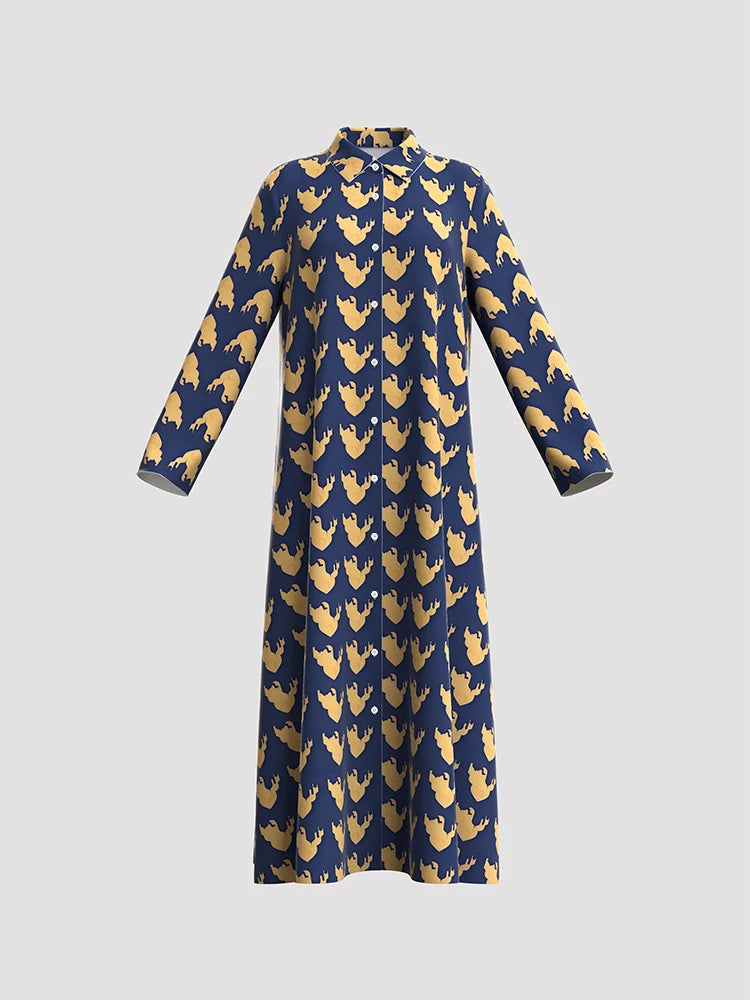 Rafiah Women's Dresses Summer Comfortable 2025 Full Print Button Long Sleeve Shirt Collar A-Line Midi Vacation Long Dresses