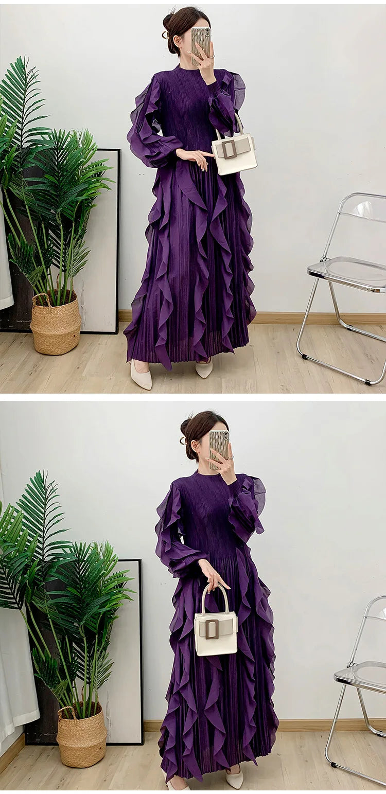 Fashion Ruffles Pleated Dress Women Round Neck Flare Sleeves Solid Maxi Belt Dresses Party 2025 Autumn New