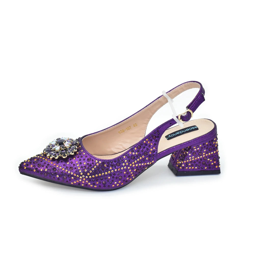 Elegant Baldauren Women’s Italian-Style Pointed Toe Slingback Pumps with Crystal Rhinestones & Matching Bag – African Party & Wedding Set (Sizes 37-43)