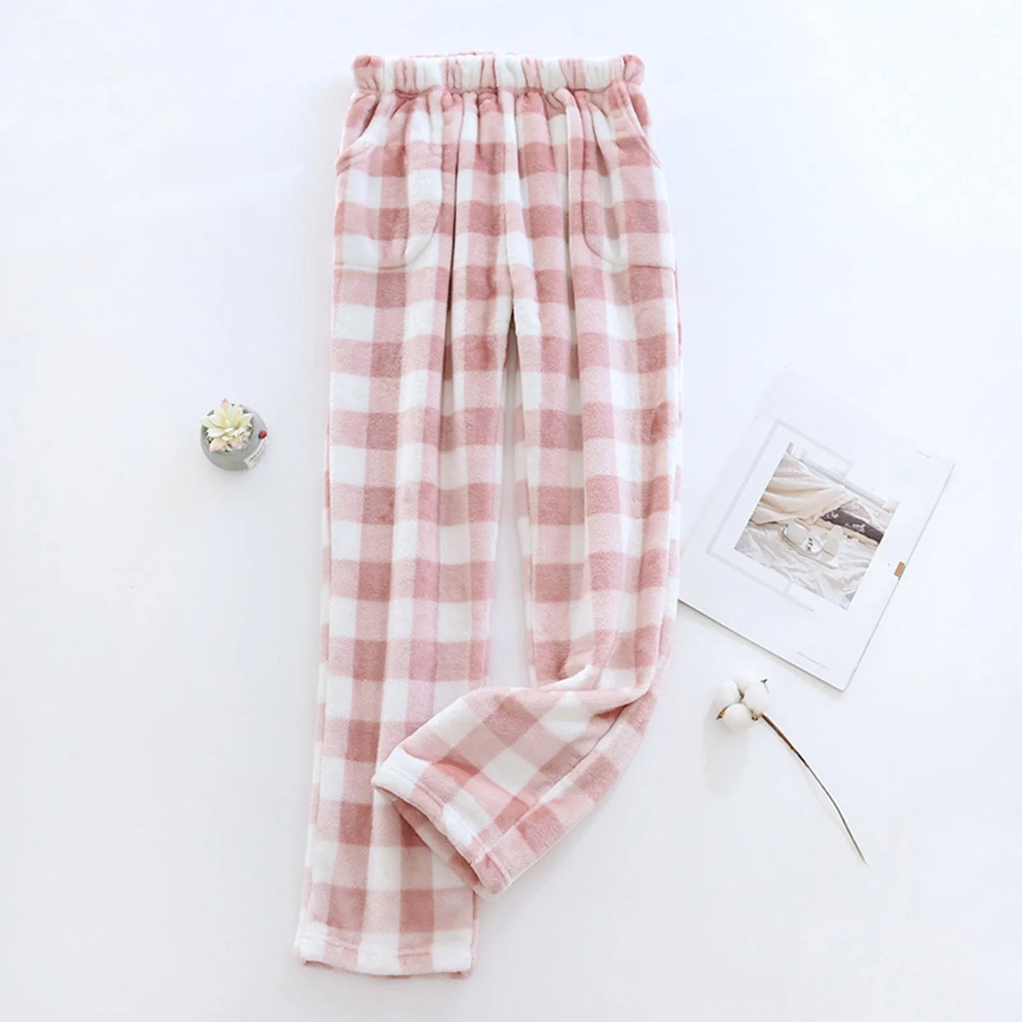 Women Loose Pajama Pants Plush Sleep Pants Soft Elastic Waist Pajama Bottoms Plaid New Classics Pants With 2 Pockets S-3XL