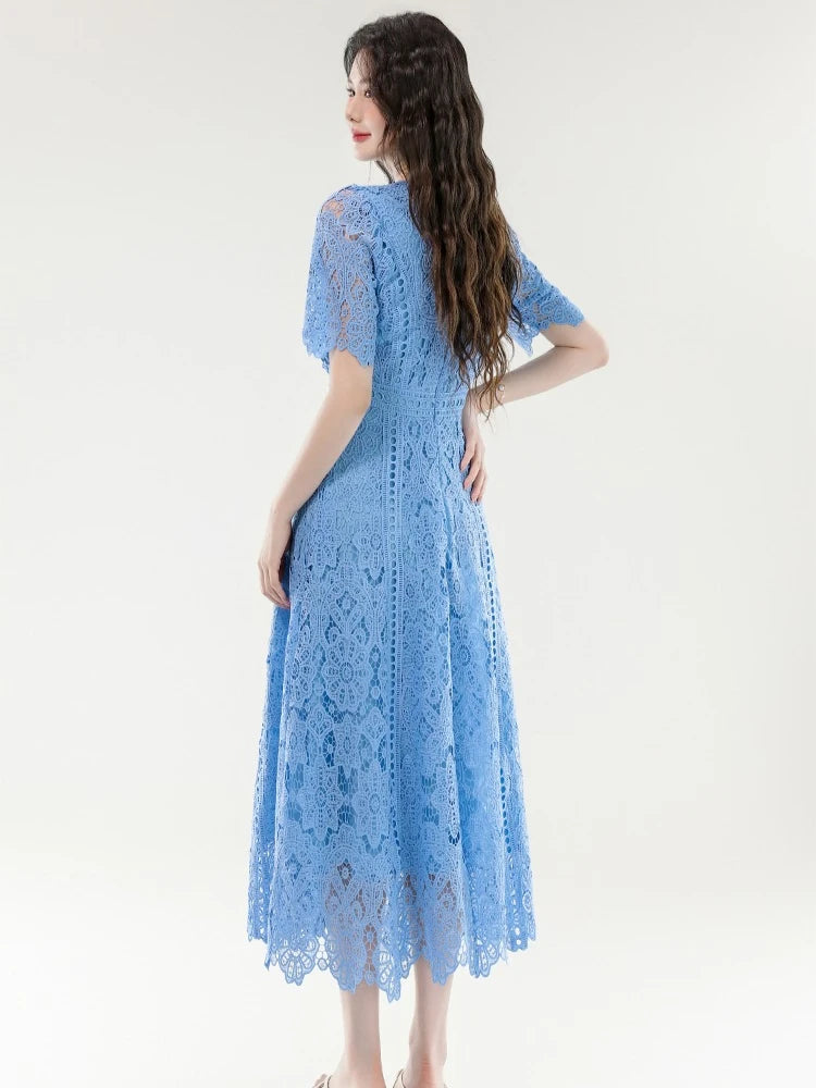 2025 New Summer French Elegant Fashion Evening Dress Women Lace Hollow Out Crochet Party Dress Casual Chic Holidays Clothing
