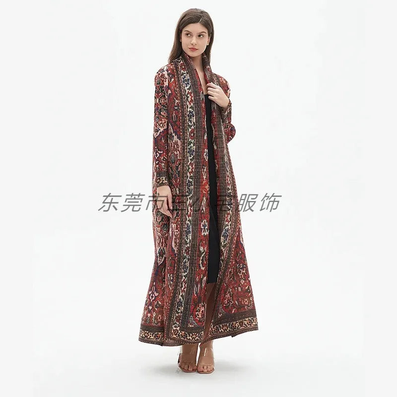 KAF Pleated Women Large Size Trench Coat 2024 Spring and Autumn New Vintage Printed Design Female Robe Arab Luxury Abaya
