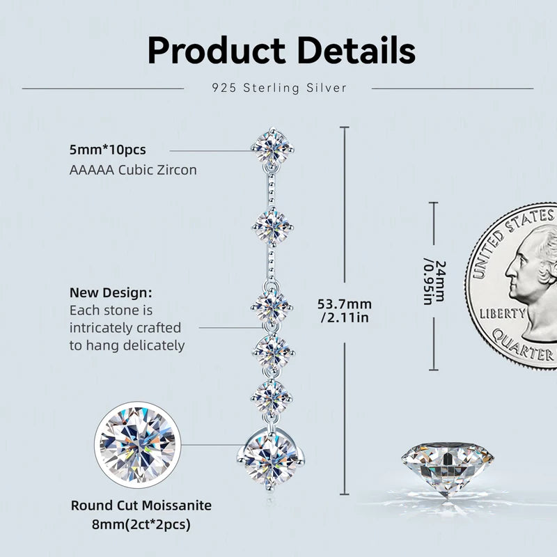 IOGOU 8MM D2.00CT Moissanite Diamond Long Drop Earrings With 5mm Zircon Real 925 Silver Jewelry Engagement Accessories for Women