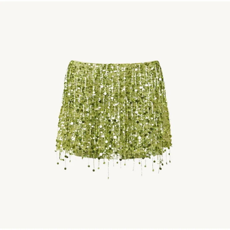 Sexy Sequin Tassel Mini Skirt Women Lace Up Bead Flower High Waist Holiday Skirts 2025 Summer Beach Green Print Robe Lady