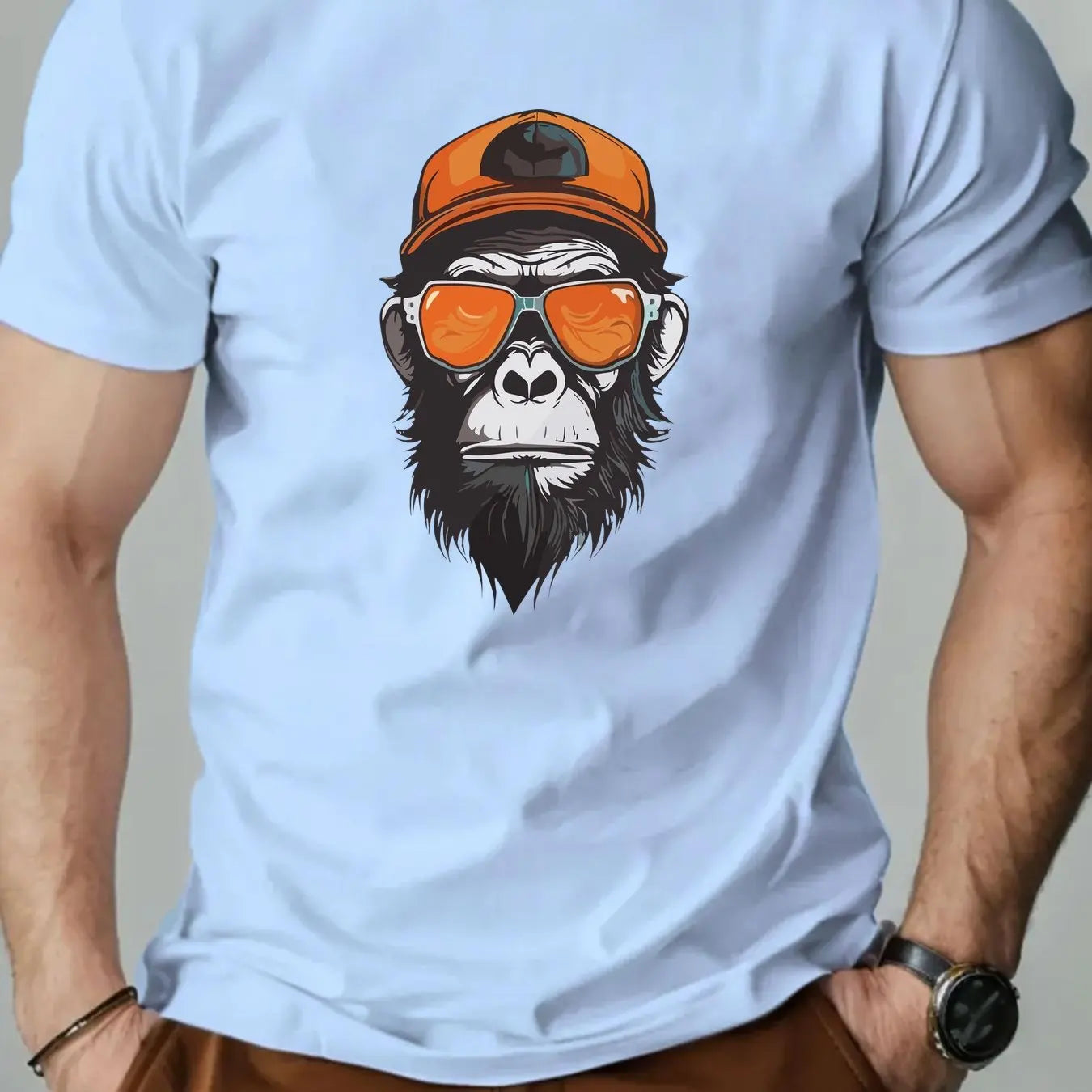 Men's summer 100% pure cotton fashionable casual sports loose monkey with sunglasses π glasses pattern printed round neck short sleeved T-shirt top