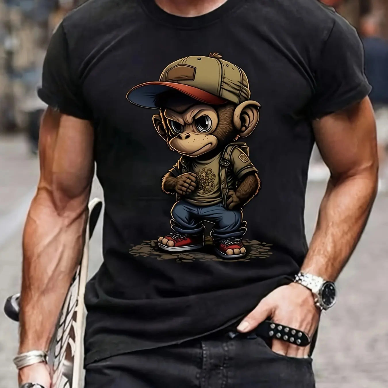 Men's summer 100% pure cotton fashionable sports casual loose cartoon monkey ready to travel 🧳 pattern printed round neck short sleeved T-shirt