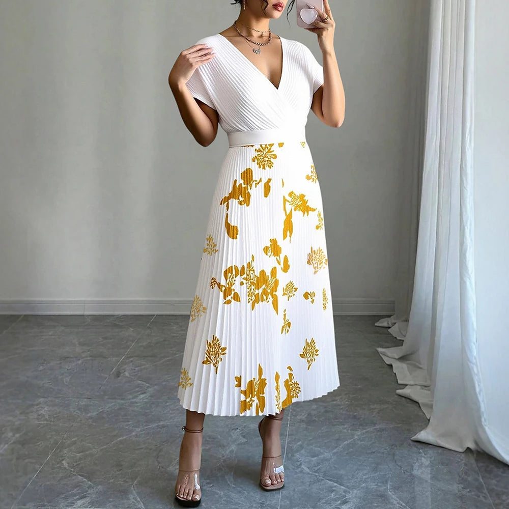 Rafiah Summer Dress 2025 Golden Print Women's Elegant Short Sleeve V-Neck A-Line Midi Dating Arabian Dress