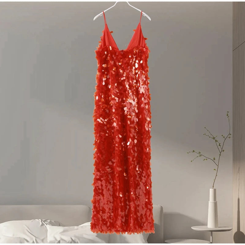 Glitter Sequins Spaghetti Strap Evening Gown – Women’s Sleeveless Backless Floor-Length Party Dress