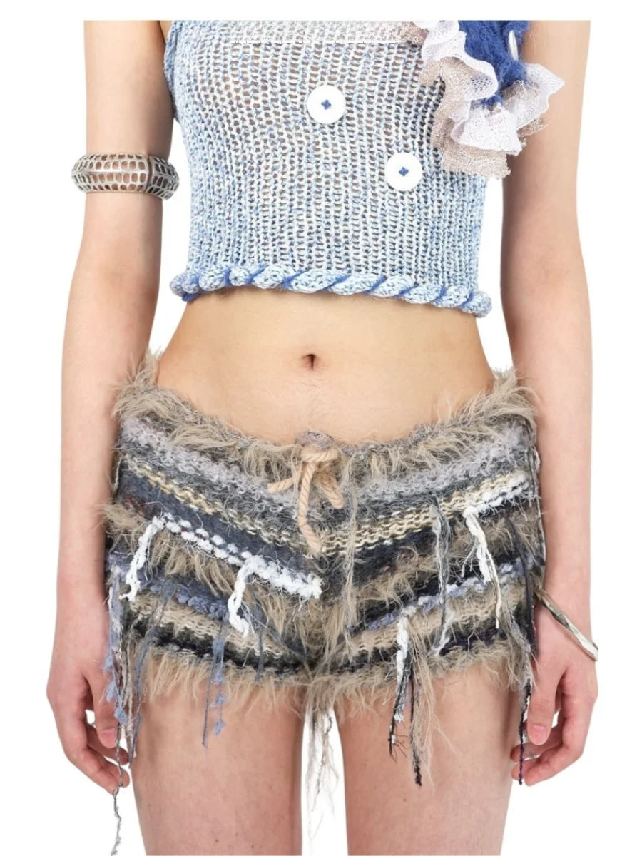 High Elastici Handmade Knitted ort Pants Color Blo Fruit Tray JUEJUEWORKS ey Wool Blend Casual Trousers for Women