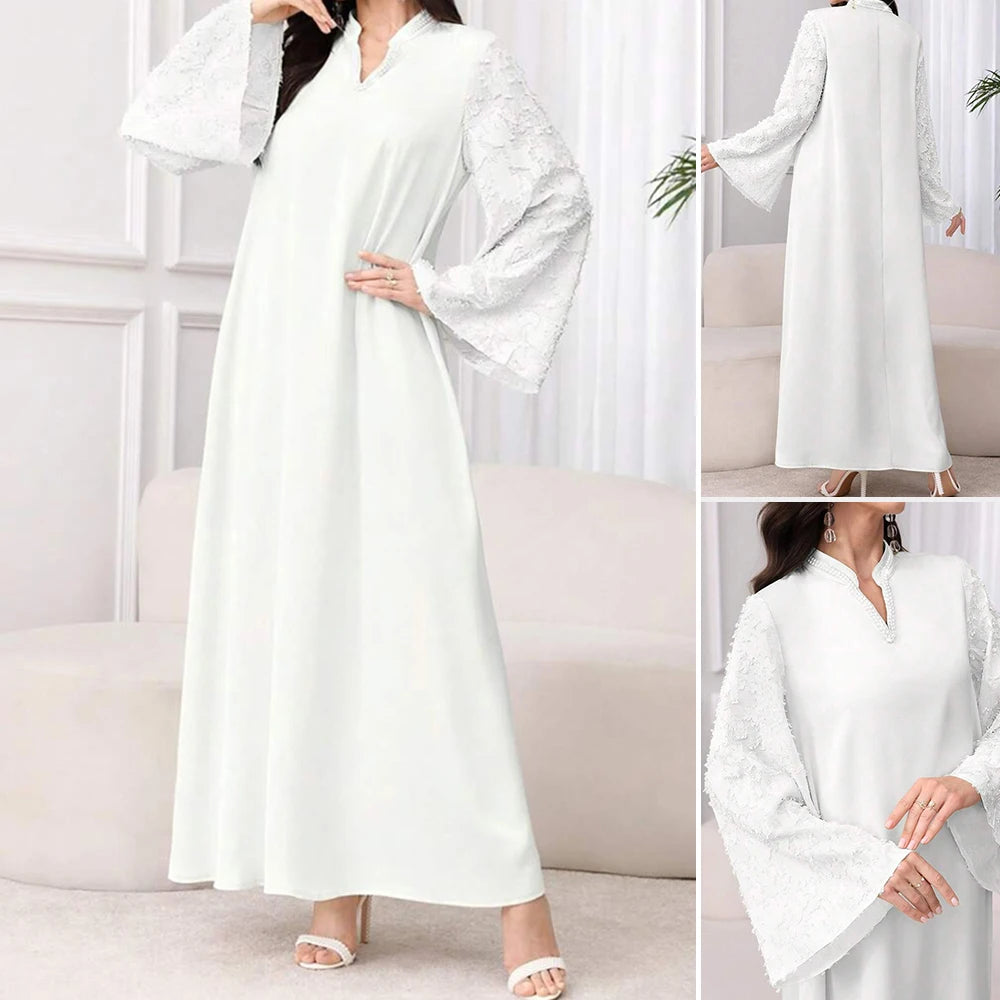 Rafiah Autumn Dresses 2025 Women's Simple Plain Long Sleeve V-Neck Loose Fit Dating Long Arabian Dresses
