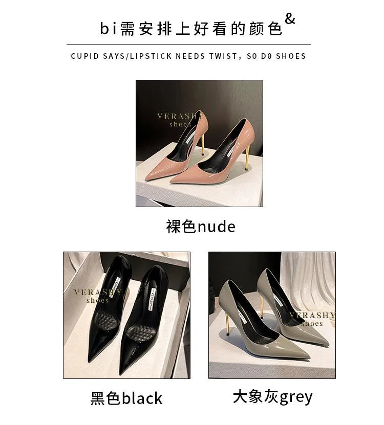 Green Shoes Quality Woman Pumps Patent Leather High Heels Sexy Party Shoes Metal Stilettos Luxury Wine red High-heeled Shoes