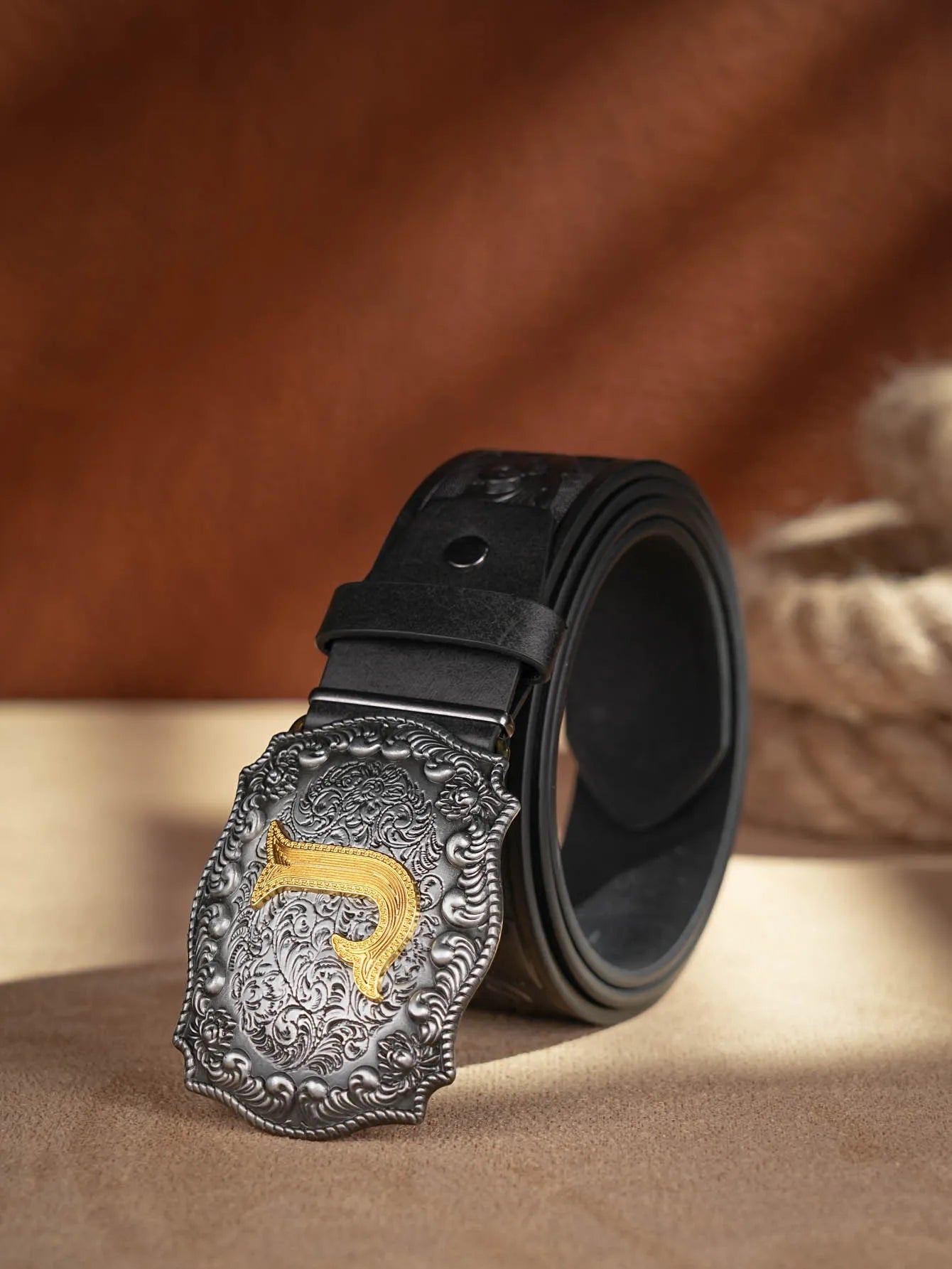 Western Cowboy PU Leather Belt - Men Waist Strap Bull Decoration Floral Engraved for Jeans