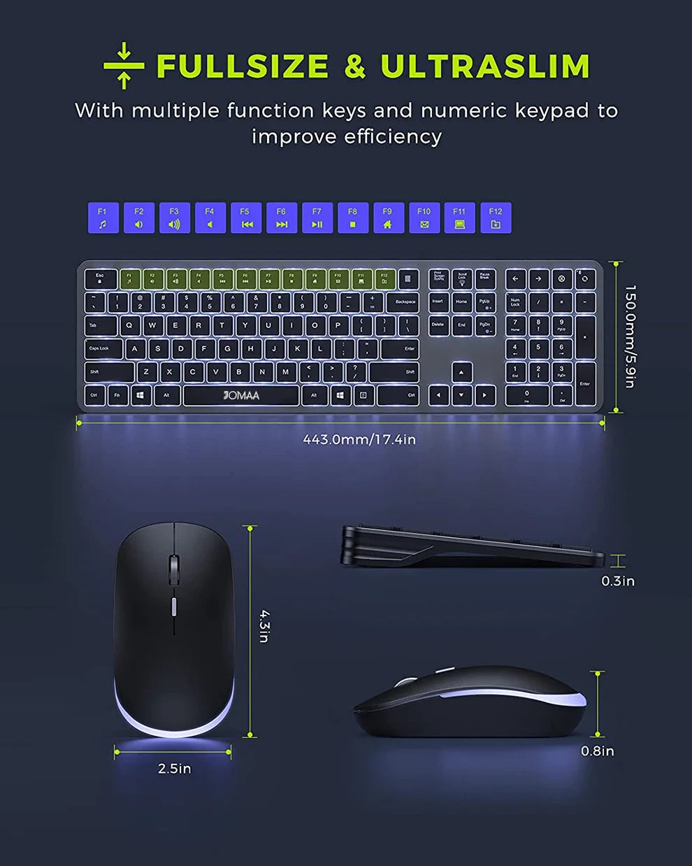 Jomaa Full-Size Backlight Wireless Keyboard and Mouse Combo for Laptop PC USB Silent Click Keyboard Mouse Set Rechargeable Spain