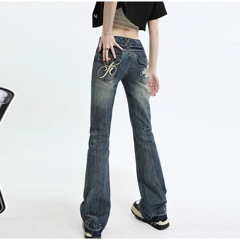 Vintage Women's Denim Low Rise Slightly Flared Jeans Pant Retro Pattern Printed Trendy Skin Fit Casual Daily Streetwear Trousers