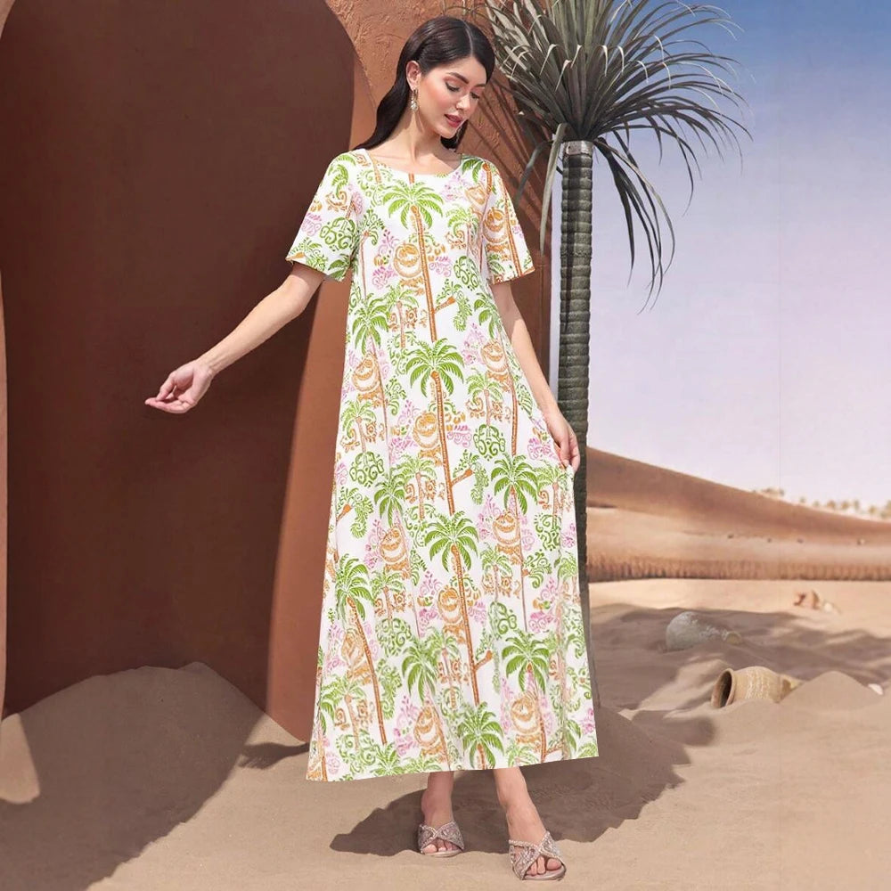 Rafiah Women's Arabian Dress Summer Fashion Vacation Full Print Short Sleeve Round-Neck Midi A-Line Long Daily Dress