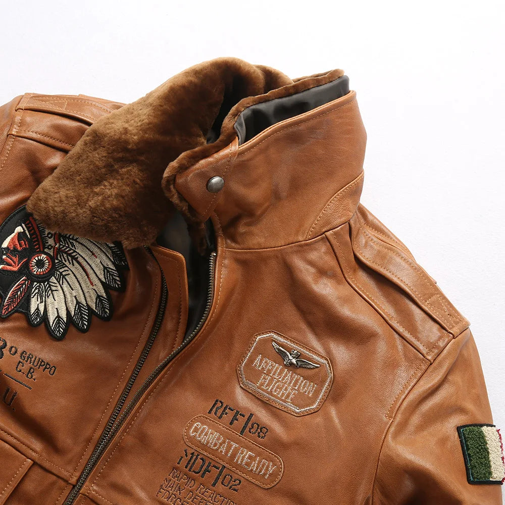 Sheepskin G1 Pilot Clothing Leather Jacket Wool Collar Indian Portrait Embroidery men's Genuine Leather coat Casual Fashion top