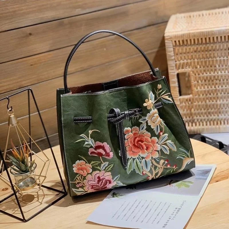 MOTAORA Vintage Chinese Embroidery Leather Shoulder Bag Women Large Capacity Crossbody Bucket Bag Ladies Fashion Handbag NEW