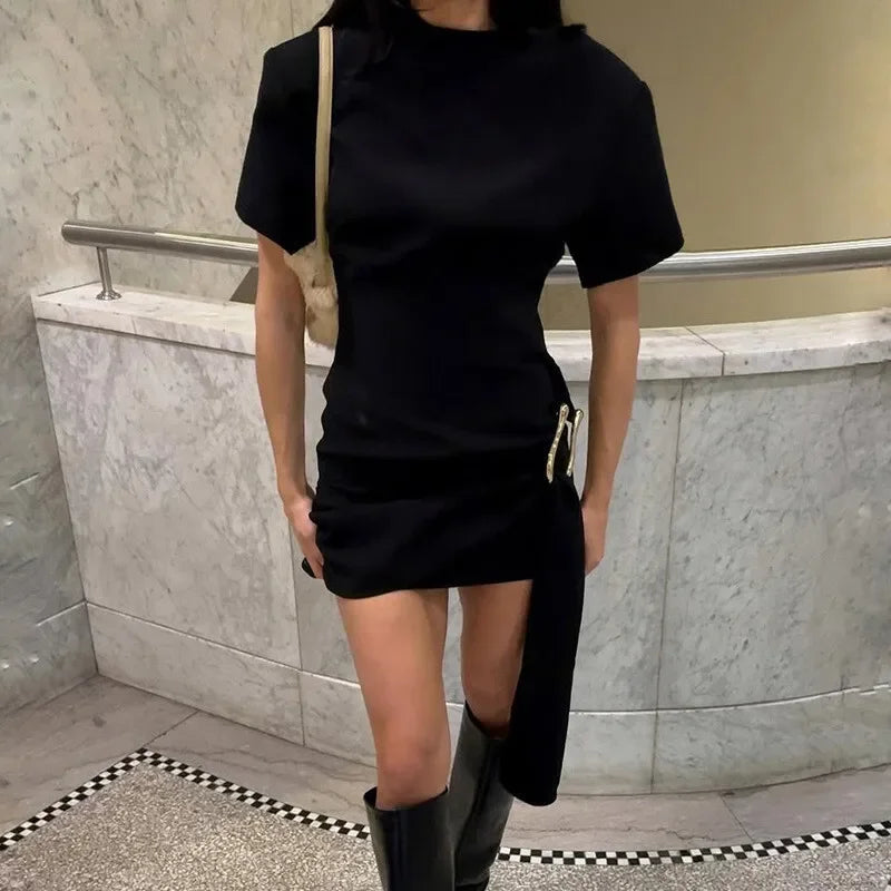 Women's Luxury Black Draped Mini Dress – Metal Buckle, O-Neck, Bodycon Fit