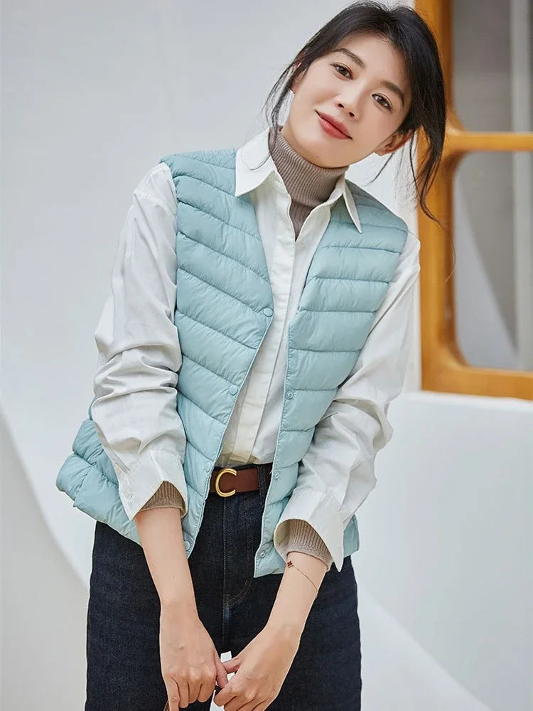 Women Sleeveless Puffer Vest Women's Ultra Light Down Vest Women Two Ways Waistcoat Portable Warm Sleeveless Winter Liner