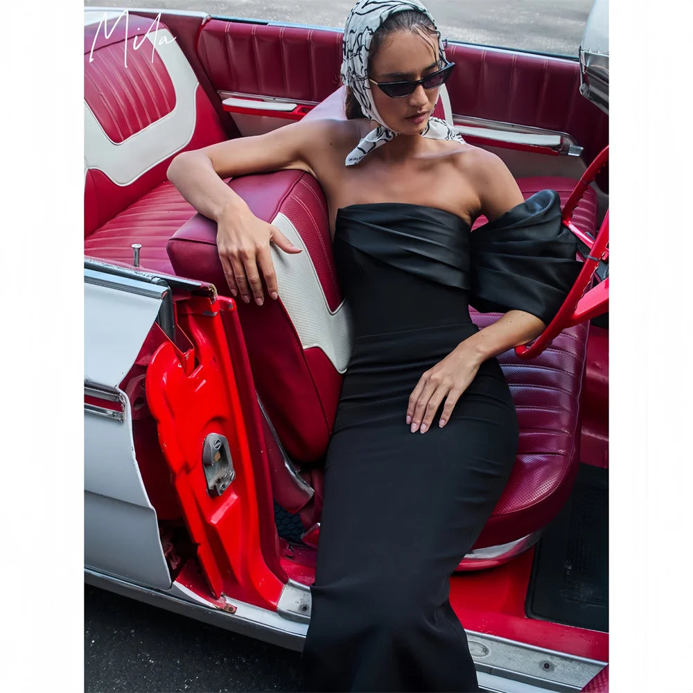 Mila Black Strapless Mermaid Prom Dresses 2025 Puff Sleeve Elegant Evening Dresses Satin Floor-Length Customized Party Dresses