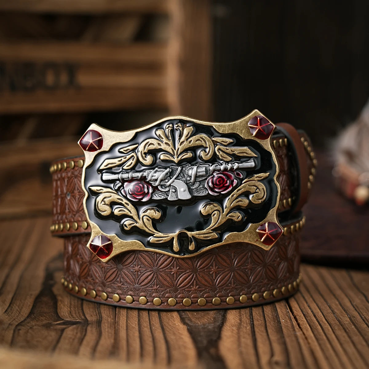 Men - Women - Western Denim - pu leather - Belt - Vintage jeans with floral carved buckle belt