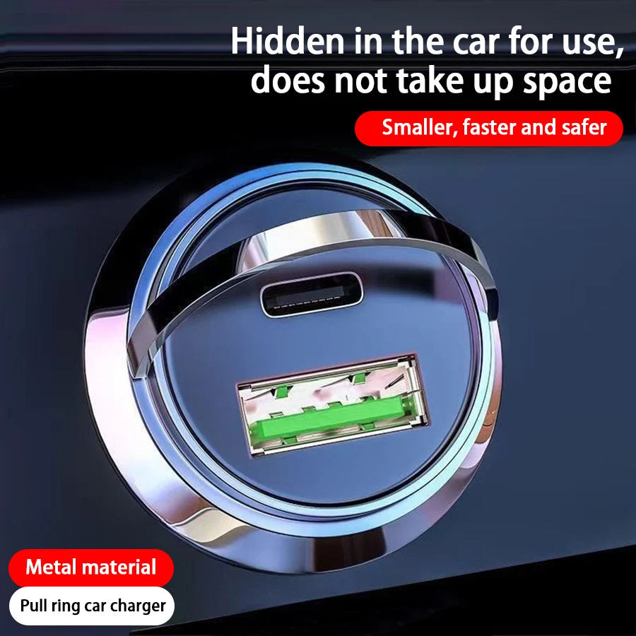 شاحن سيارة صغير مخفي مزود بحلقة سحب USB+TYPE C شاحن سريع مناسب لمجموعة متنوعة من أجهزة الهواتف المحمولة