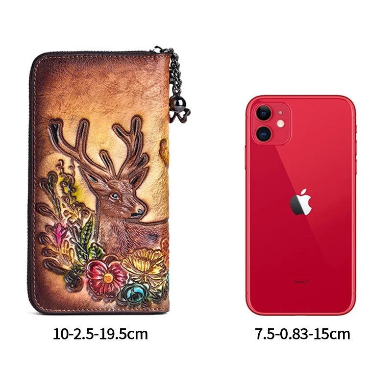 MOTAORA Vintage Women Long Wallets Deer Pattern Bag 2025 Genuine Leather Handmade Embossing Ladies Wallet Phone Bags Woman Purse