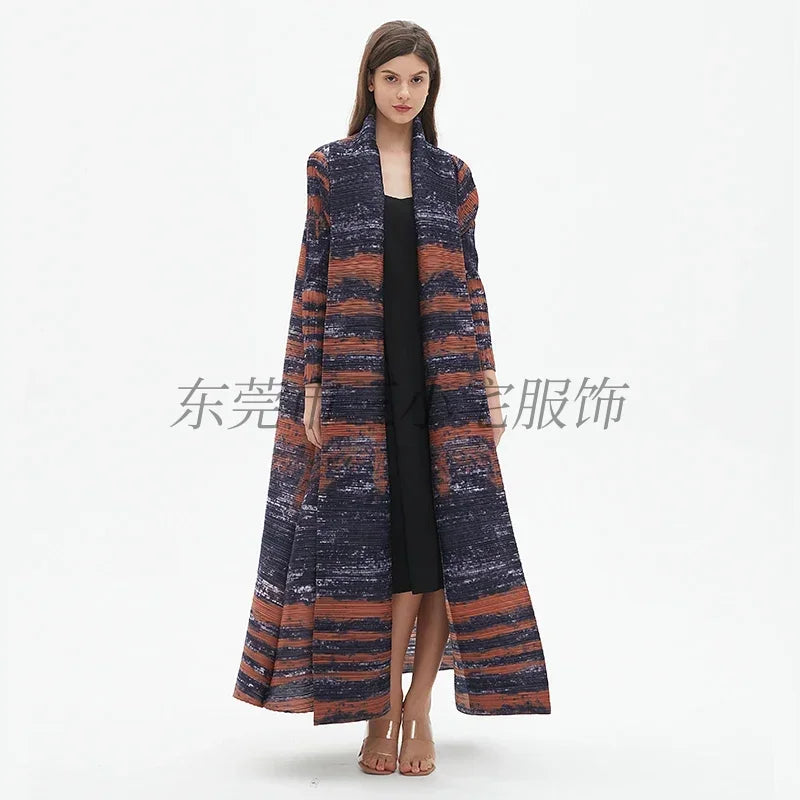 KAF Pleated Large Size Women Trench Coat 2024 Spring and Autumn New Vintage Printed Design Luxury Female Coat Arabian Abaya