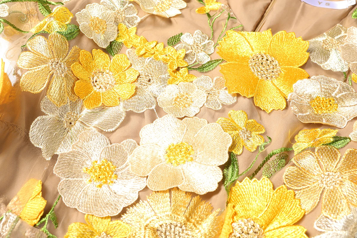 Summer High-end Embroidery Lace Prom Dress Women French Luxury 3D Flower Short Sleeve Long Dress Party Bodycon Holiday Vestido