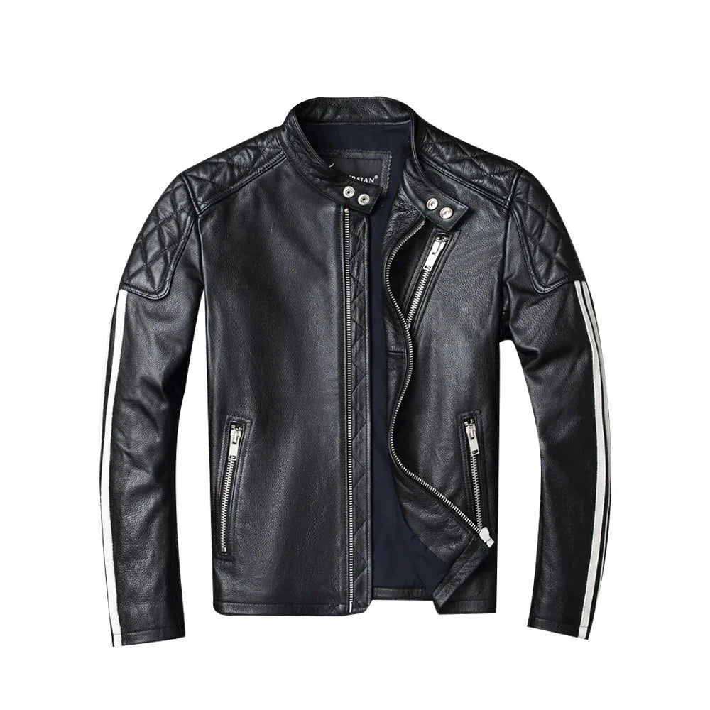 New fashion Men Leather Jacket 100% Genuine Cowhide Coat White Stripes Cool Biker Slim Short Autumn Leather Clothing.