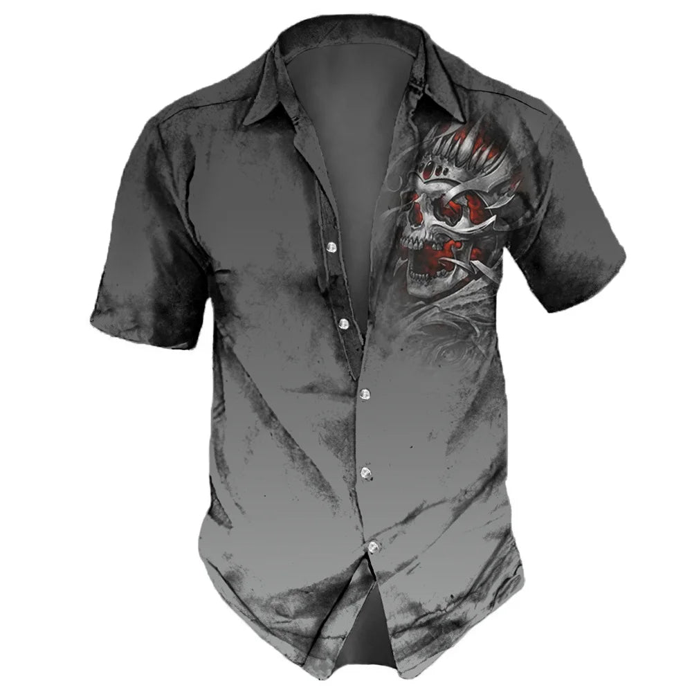 2023 Men's Shirts Lapel Streetwear Vintage Shirt For Men Skull Hip Hop Short Sleeve Top Party Summer Casual Hawaiian