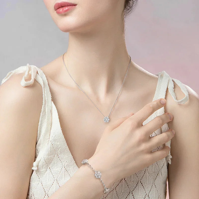 Flower Bracelets with Shiny Moissanite Sterling Silver Adjustable Wedding Anniversary Luxury Gifts Necklace Bracelet Jewelry Set