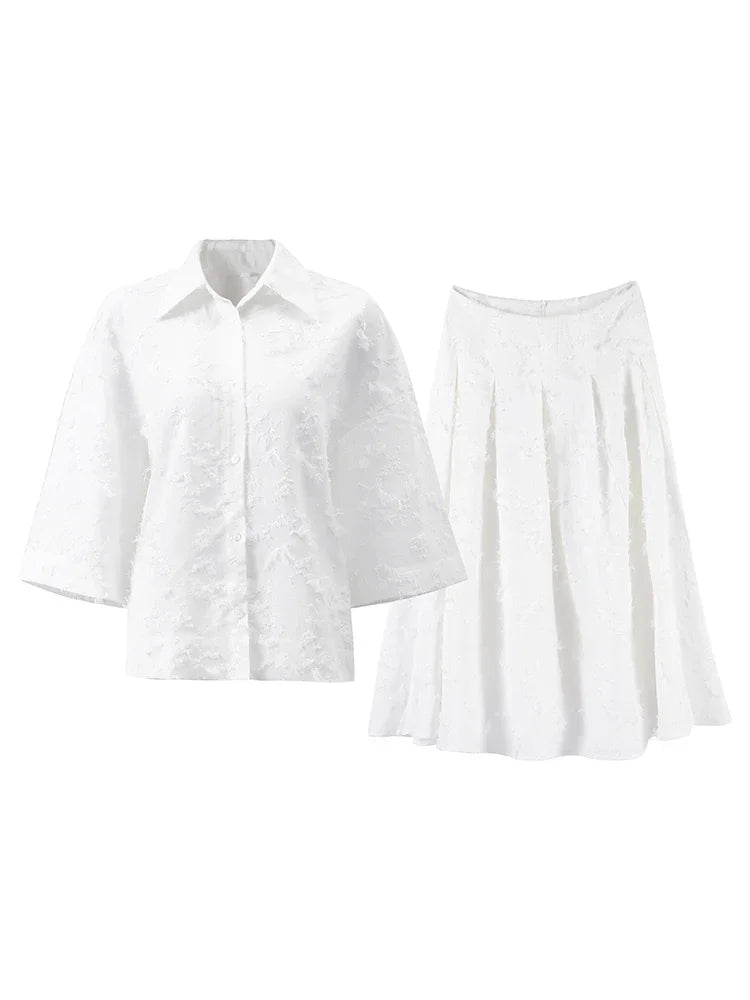Street Shirt & Skirt Set – Women’s Turn-Down Collar Button Top with High Waist Pleated Skirt – Spring/Summer 2025
